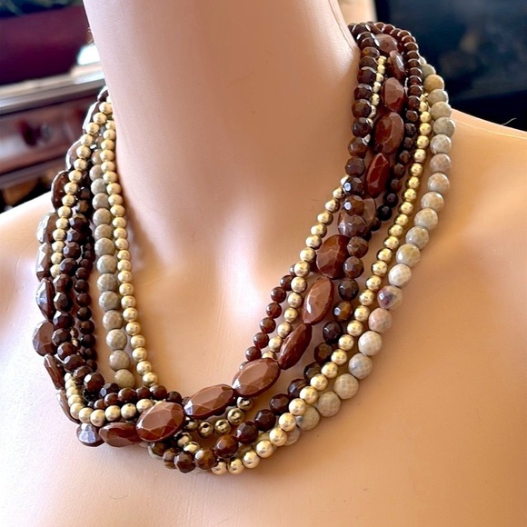 Multi-Strand Beaded Brown & Gold Tone Beaded Statement Necklace Adjustable - Picture 2 of 15